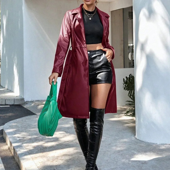 Burgundy Elegant Women's Faux Leather Waist Belted Trench Coat - Picture 5 of 6